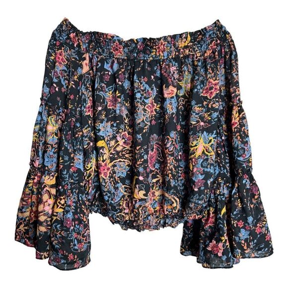 Free People Free Spirit Off Shoulder Top Blouse Bell Sleeves Boho Floral Women S - Picture 3 of 6
